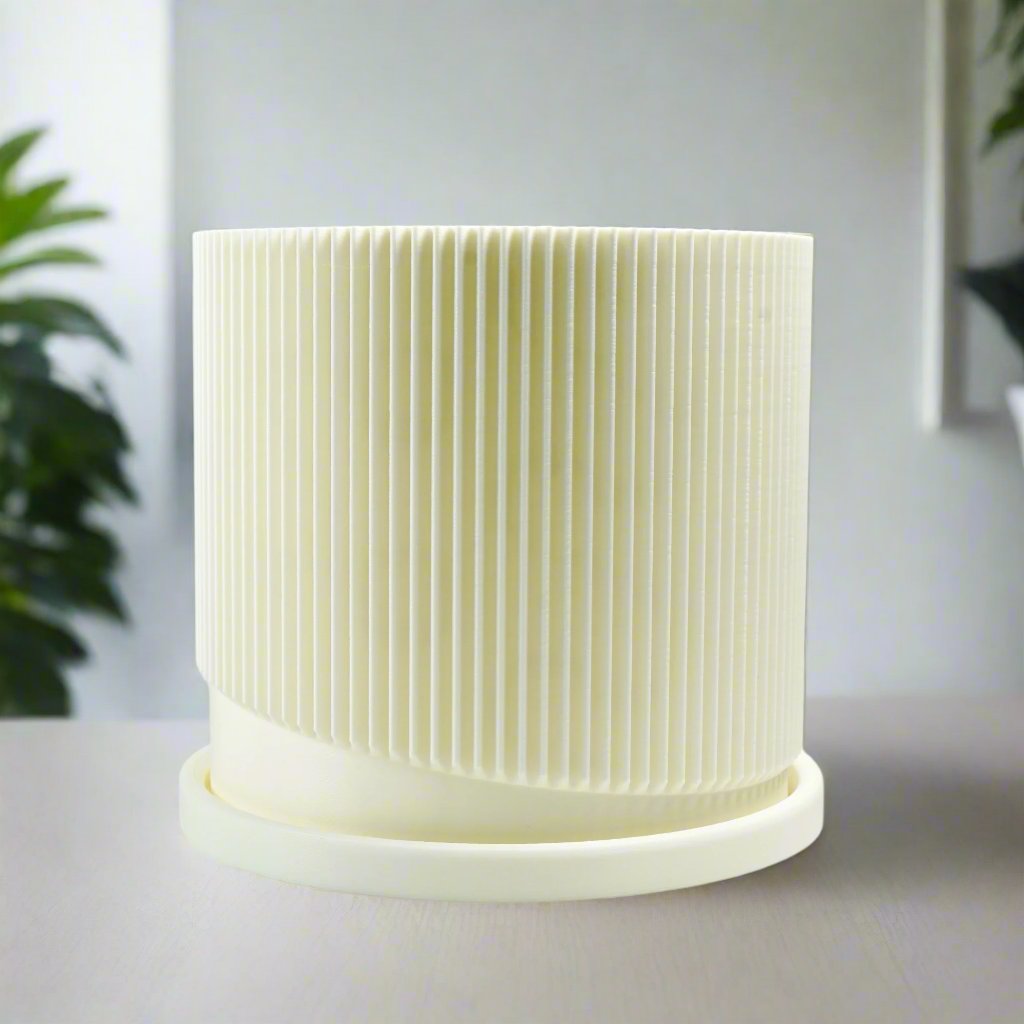Mid-Century Ribbed Planter with Drainage and Saucer in Multiple Colors, 3D Printed Planter with Unique Modern Design, Lightweight, Wave