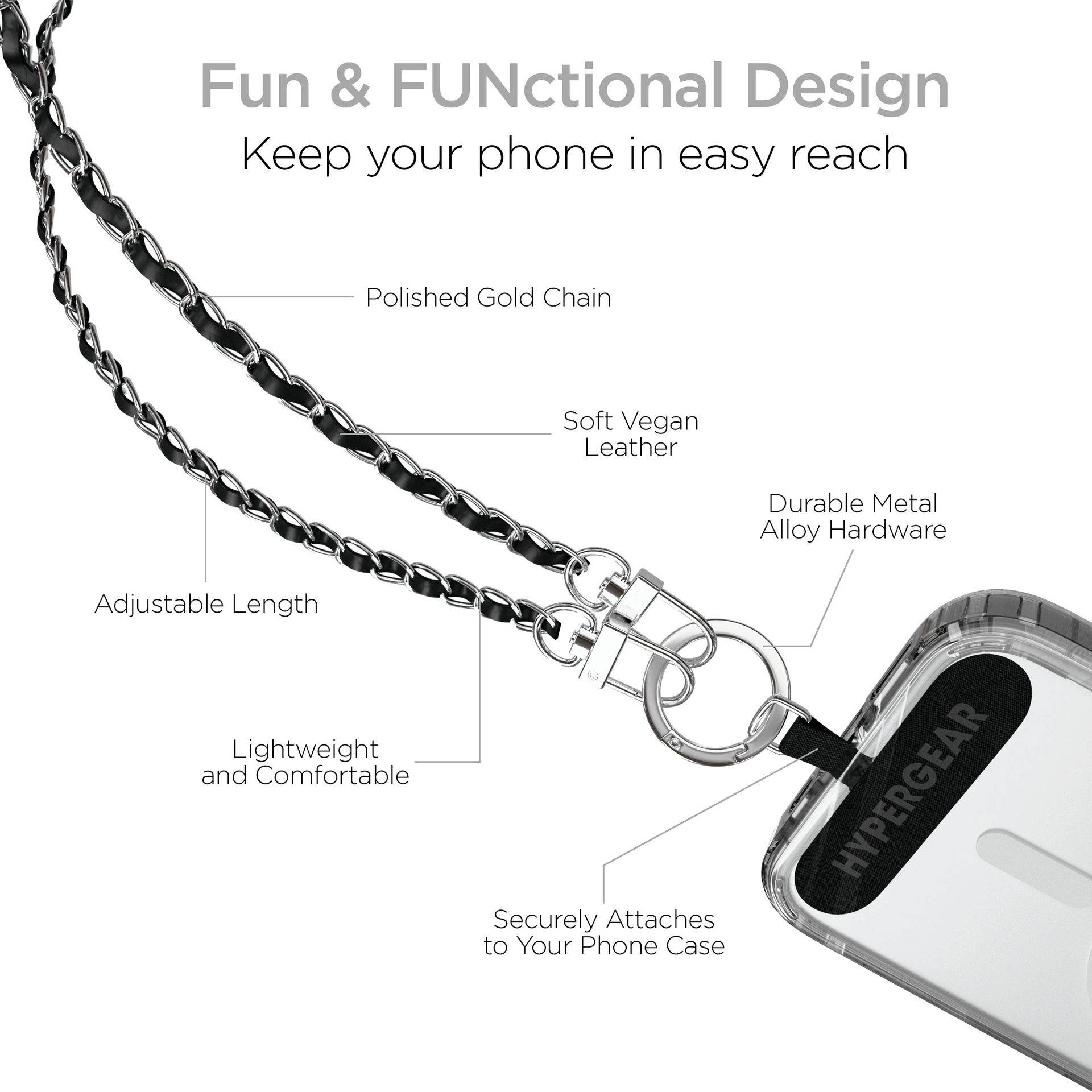 HyperGear TECHcessories Silver Chain with Black Vegan Leather Universal Crossbody Phone Strap
