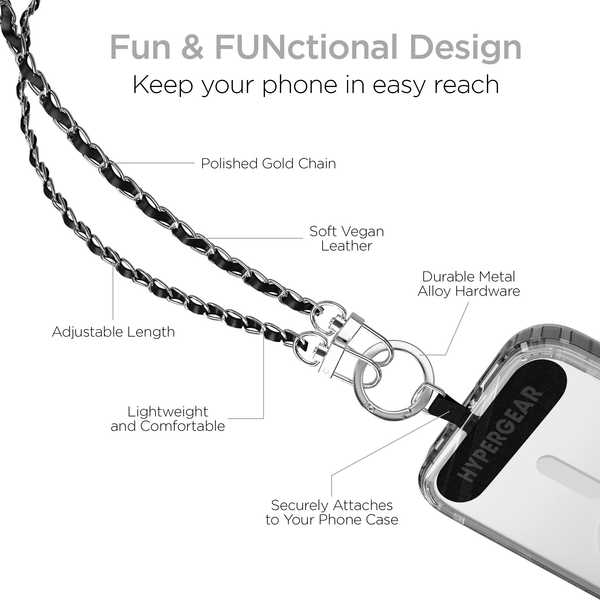 HyperGear TECHcessories Silver Chain with Black Vegan Leather Universal Crossbody Phone Strap