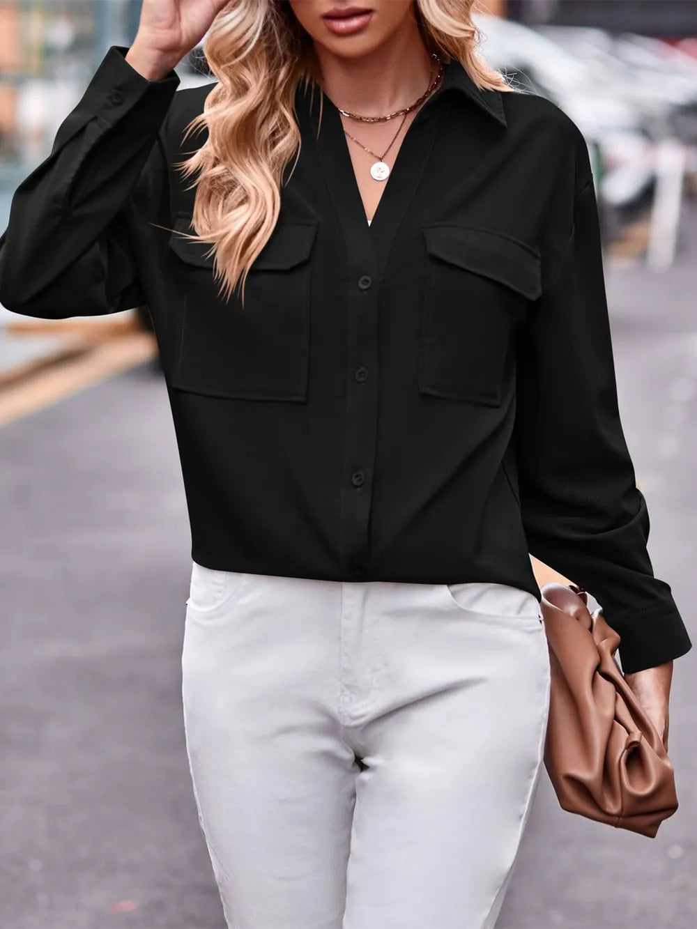 Casual and fashionable double pocket loose long sleeved solid color shirt