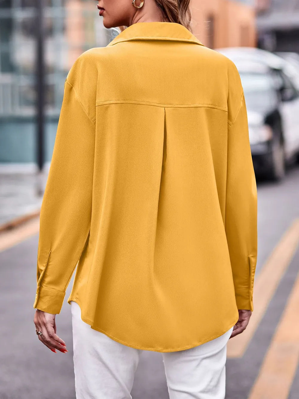 Casual and fashionable double pocket loose long sleeved solid color shirt