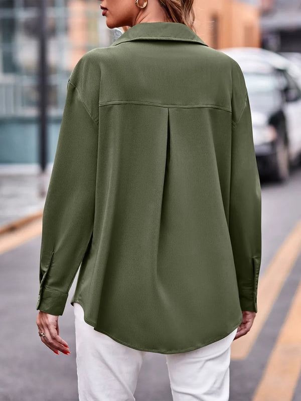 Casual and fashionable double pocket loose long sleeved solid color shirt