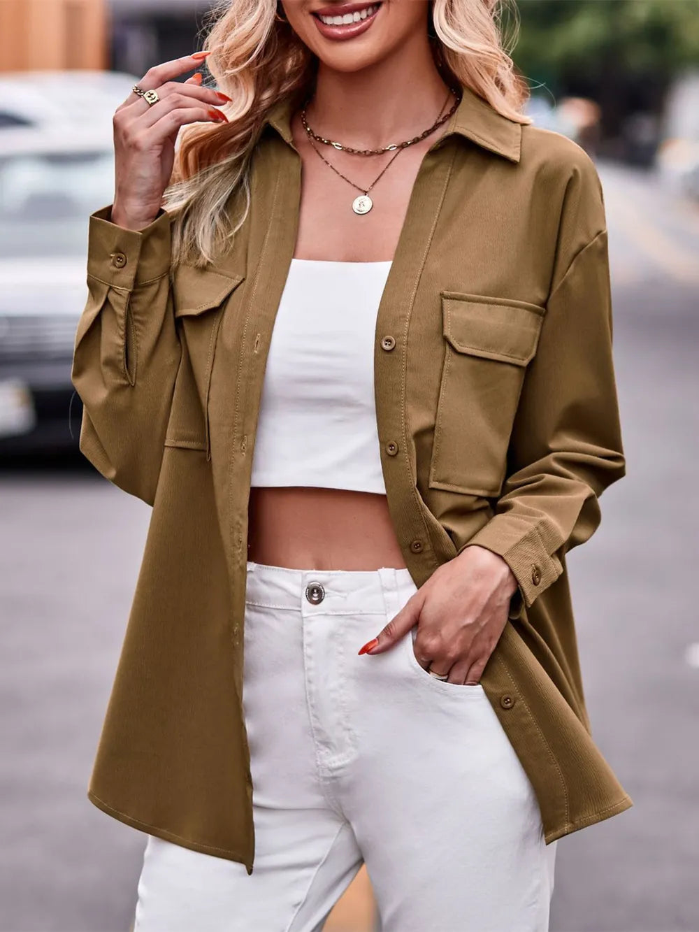 Casual and fashionable double pocket loose long sleeved solid color shirt