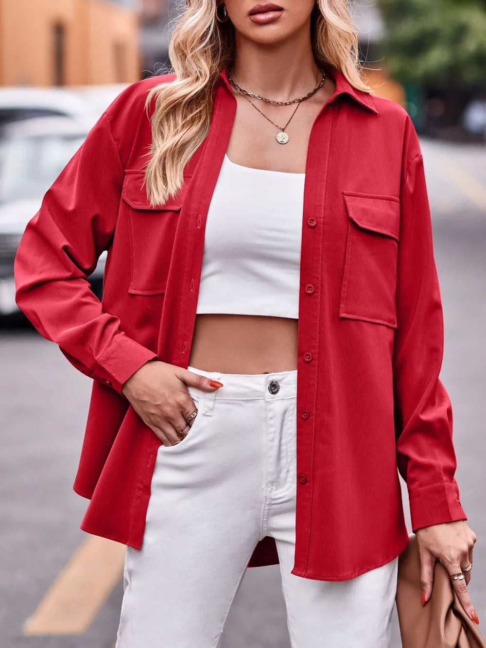 Casual and fashionable double pocket loose long sleeved solid color shirt