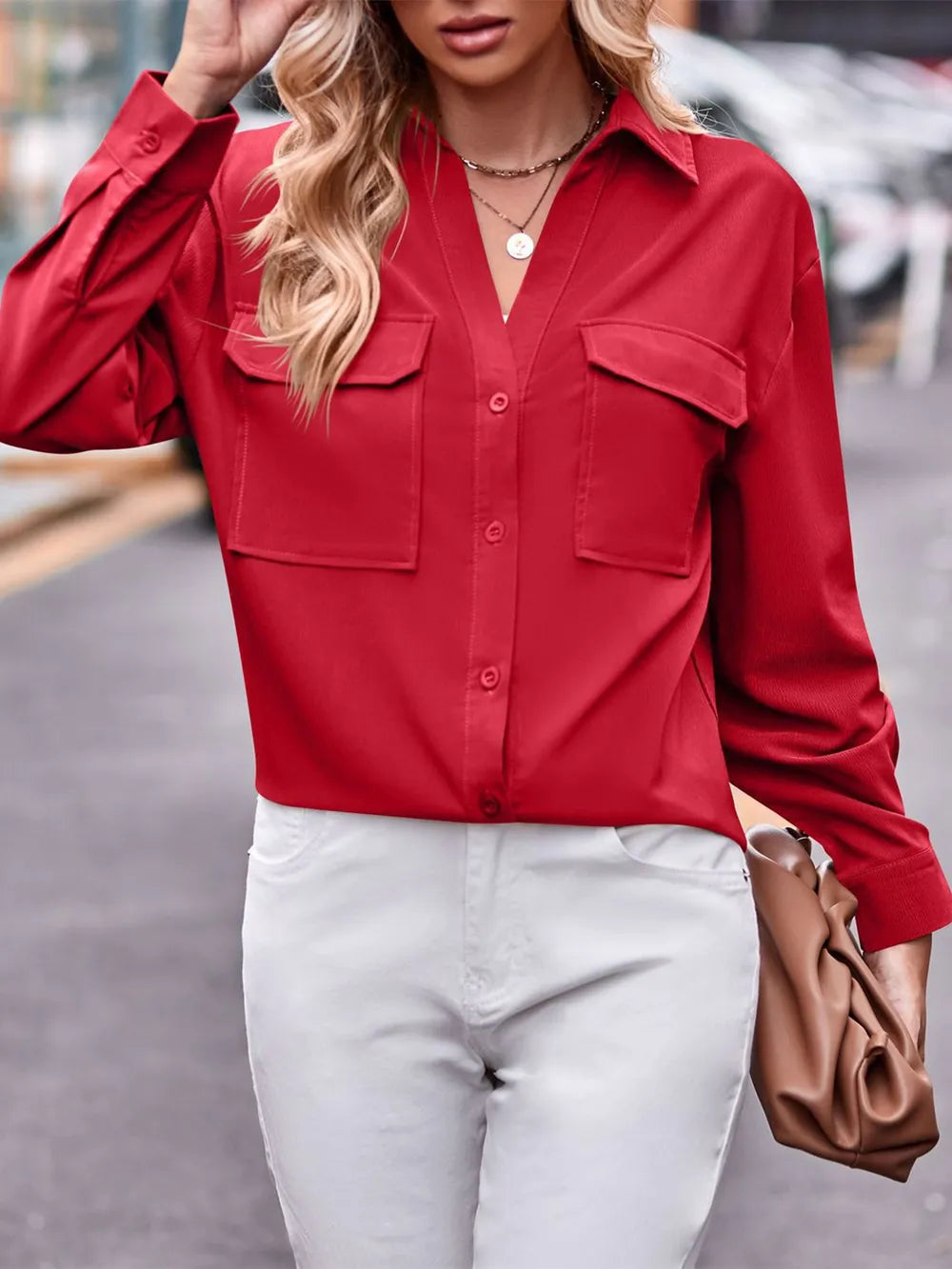 Casual and fashionable double pocket loose long sleeved solid color shirt