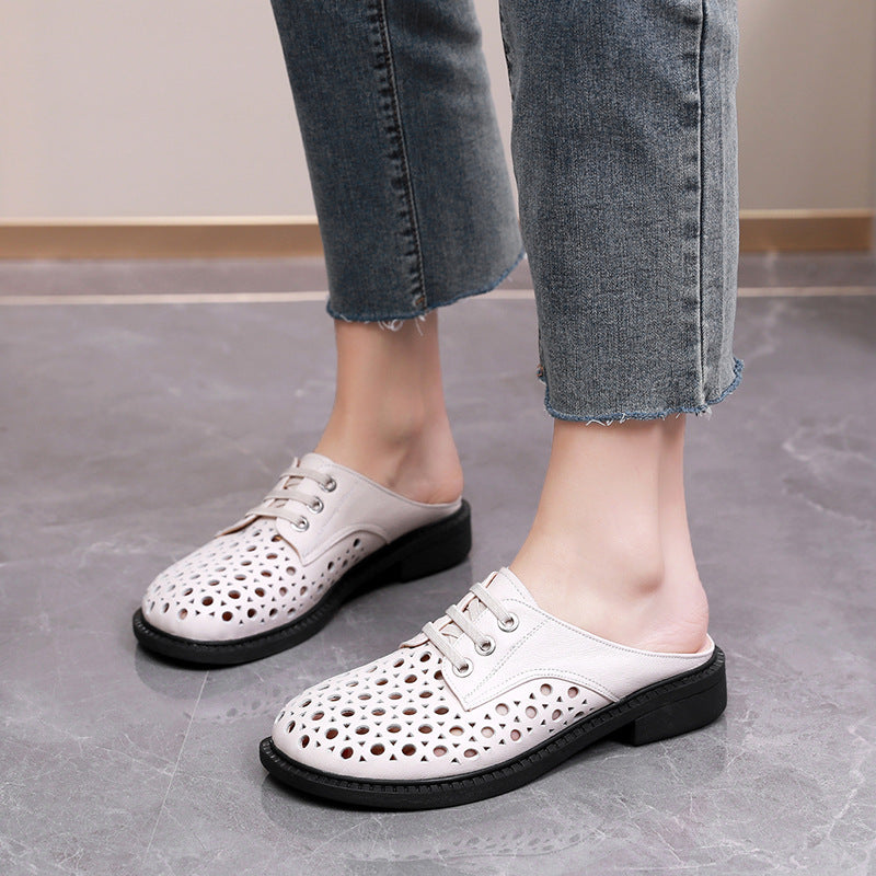 Cave shoes real leather flat heel thick sole hollowed out sandals women's slippers round toe