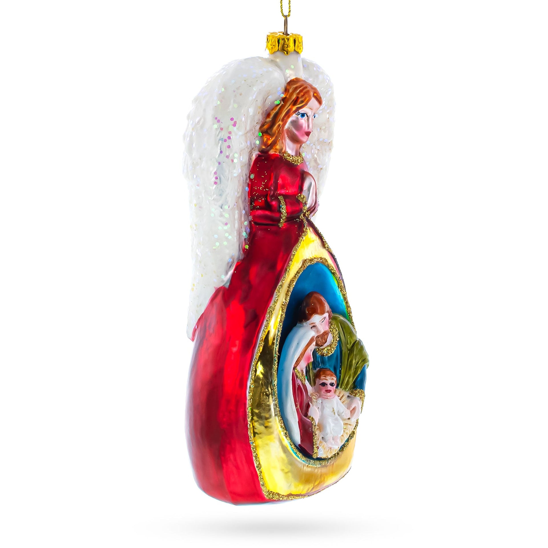 Guardian Angel over Nativity Glass Christmas Ornament
