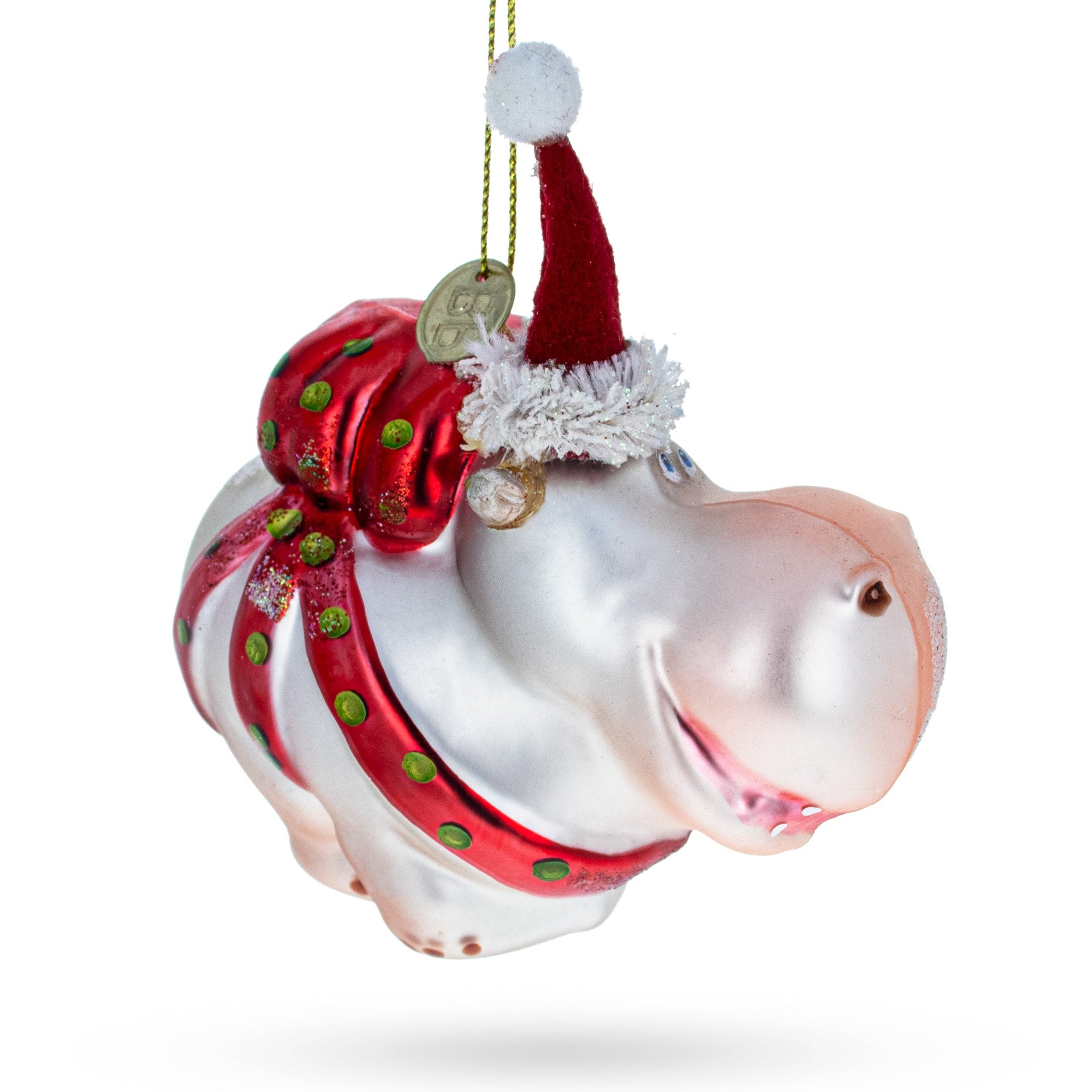 Hippo in Santa Hat Glass Christmas Ornament