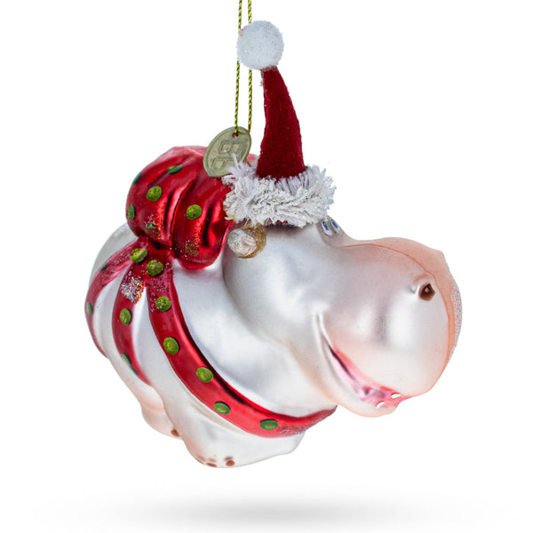 Hippo in Santa Hat Glass Christmas Ornament
