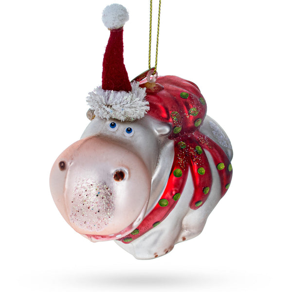 Hippo in Santa Hat Glass Christmas Ornament