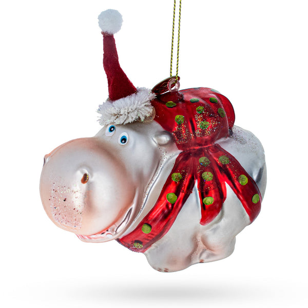 Hippo in Santa Hat Glass Christmas Ornament