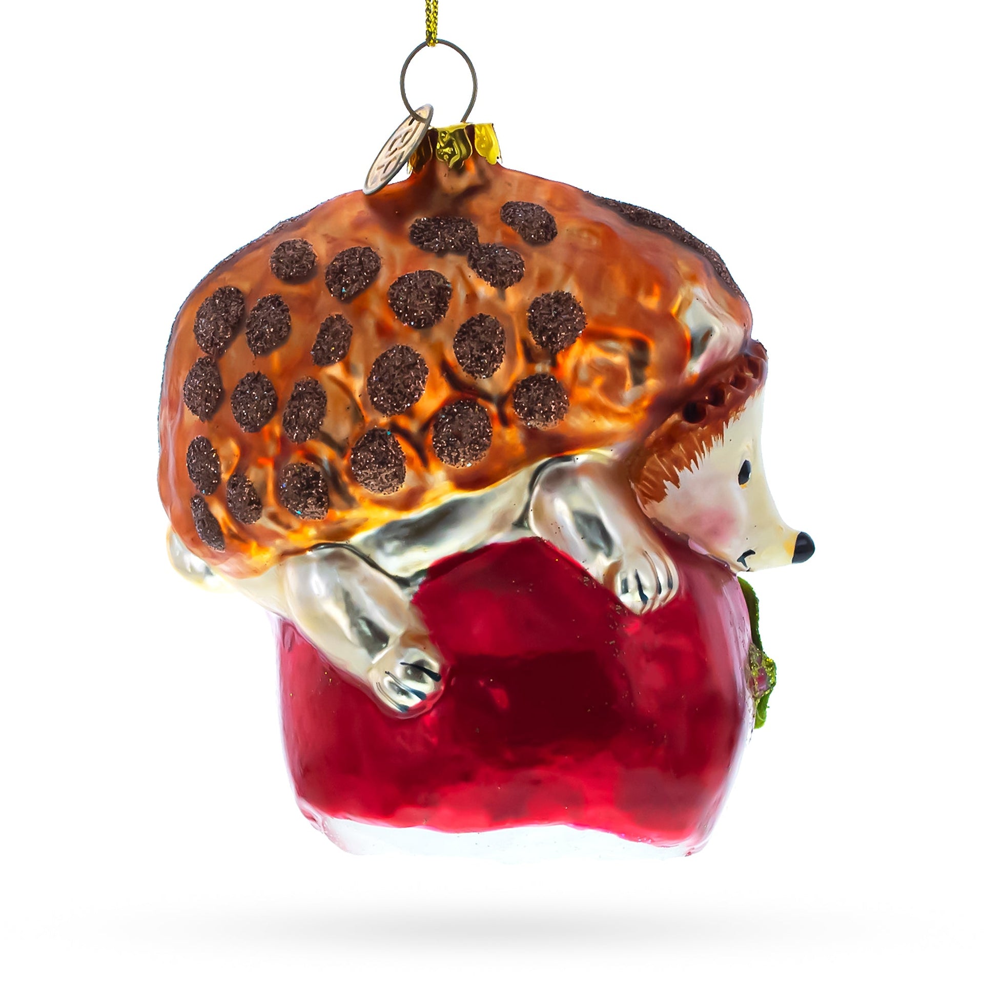 Hedgehog Savoring a Red Apple Glass Christmas Ornament