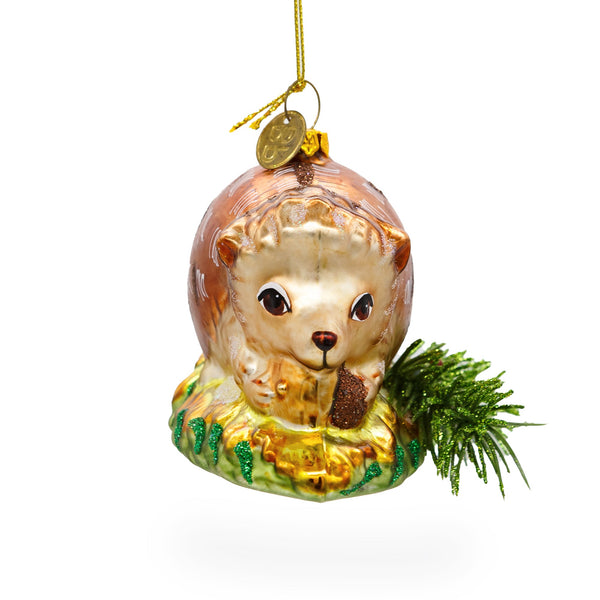 Hedgehog on Grass Glass Christmas Ornament