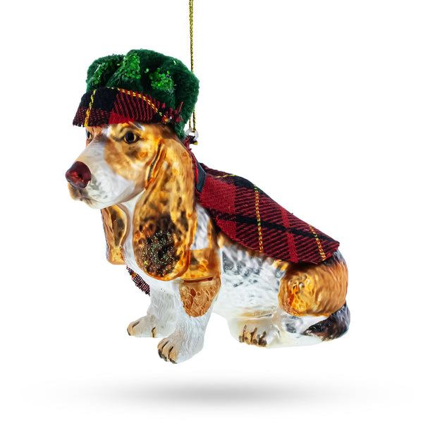 Hound in Tartan Cape and Plaid Hat Glass Christmas Ornament