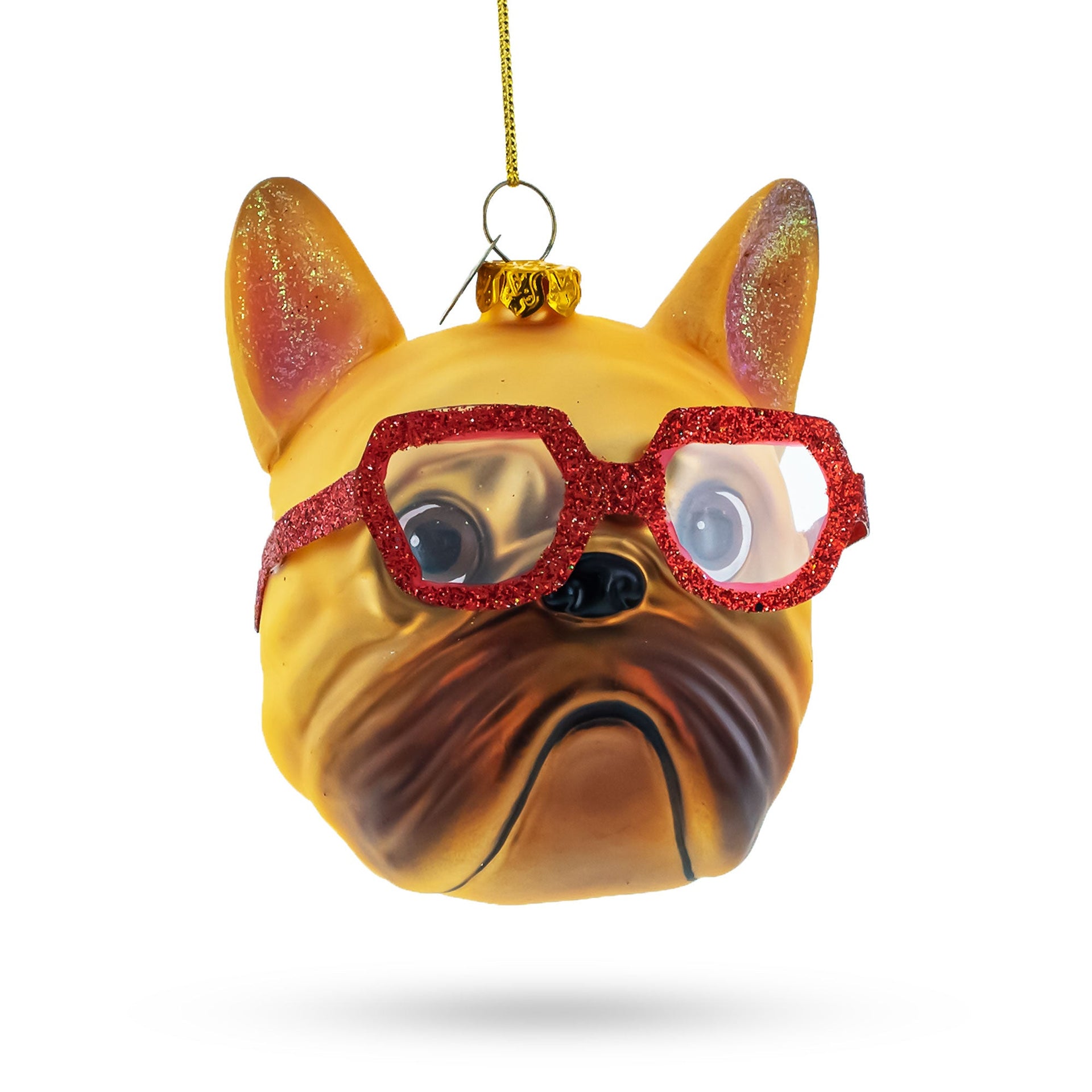 Hipster Bulldog in Red Glasses Glass Christmas Ornament