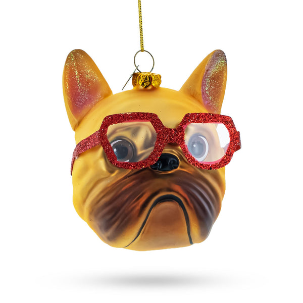 Hipster Bulldog in Red Glasses Glass Christmas Ornament