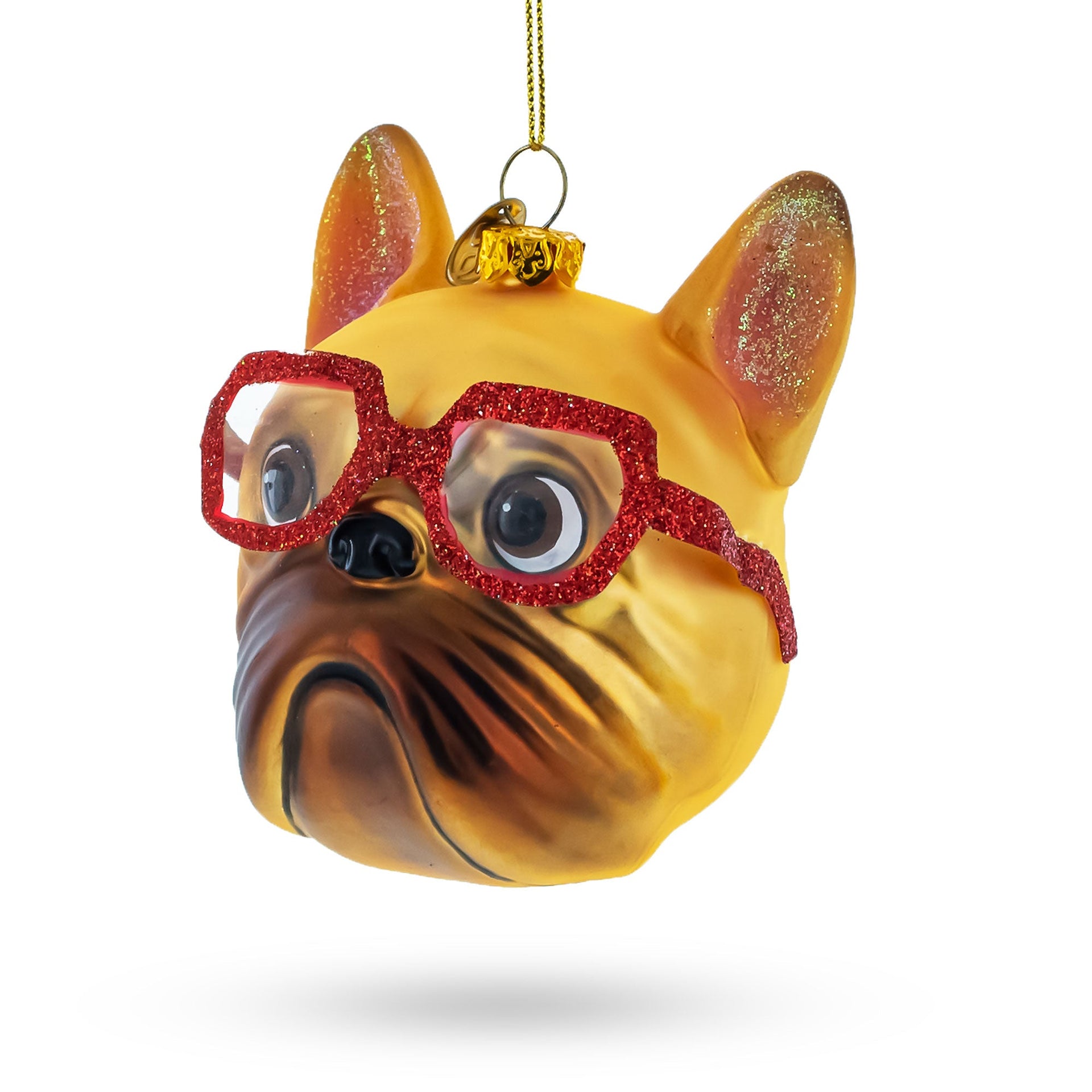 Hipster Bulldog in Red Glasses Glass Christmas Ornament