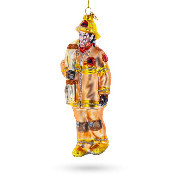 Heroic Fireman with Hose Glass Christmas Ornament