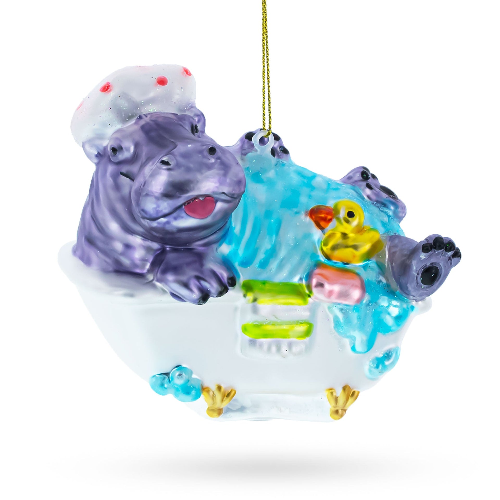Hippo Taking Bath Glass Christmas Ornament