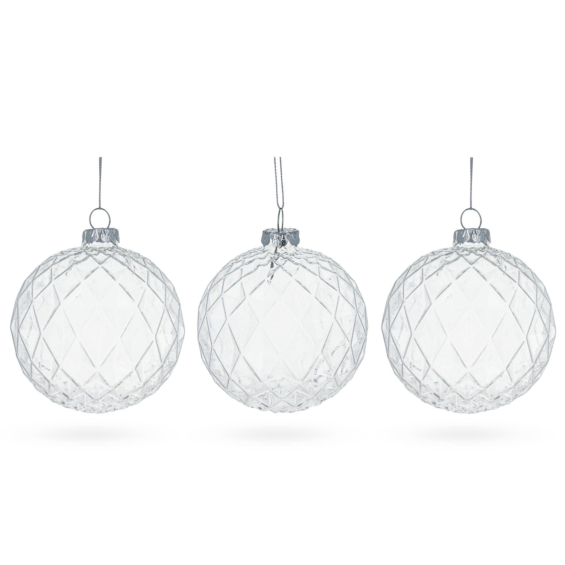 Set of 3 Ribbed Clear Glass Ball Christmas Ornaments 3.5 Inches
