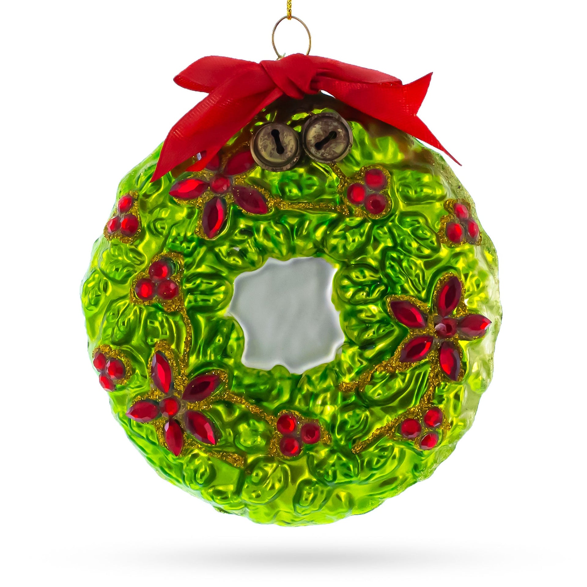Holiday Wreath with Red Bow and Bells Glass Christmas Ornament