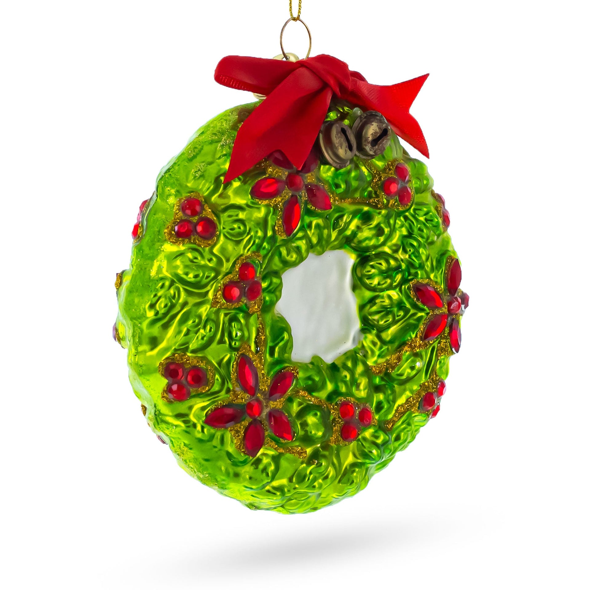 Holiday Wreath with Red Bow and Bells Glass Christmas Ornament