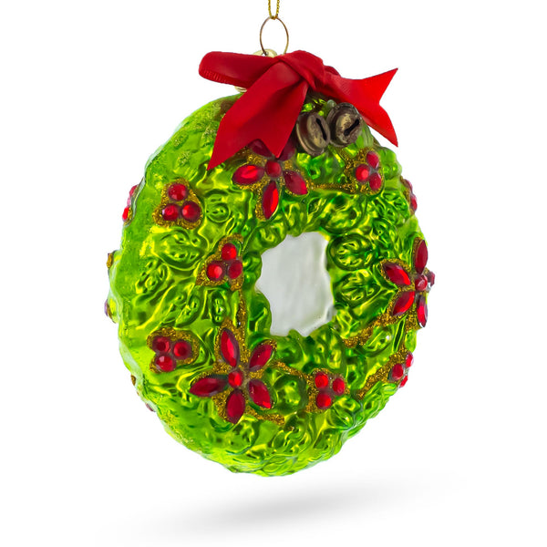 Holiday Wreath with Red Bow and Bells Glass Christmas Ornament