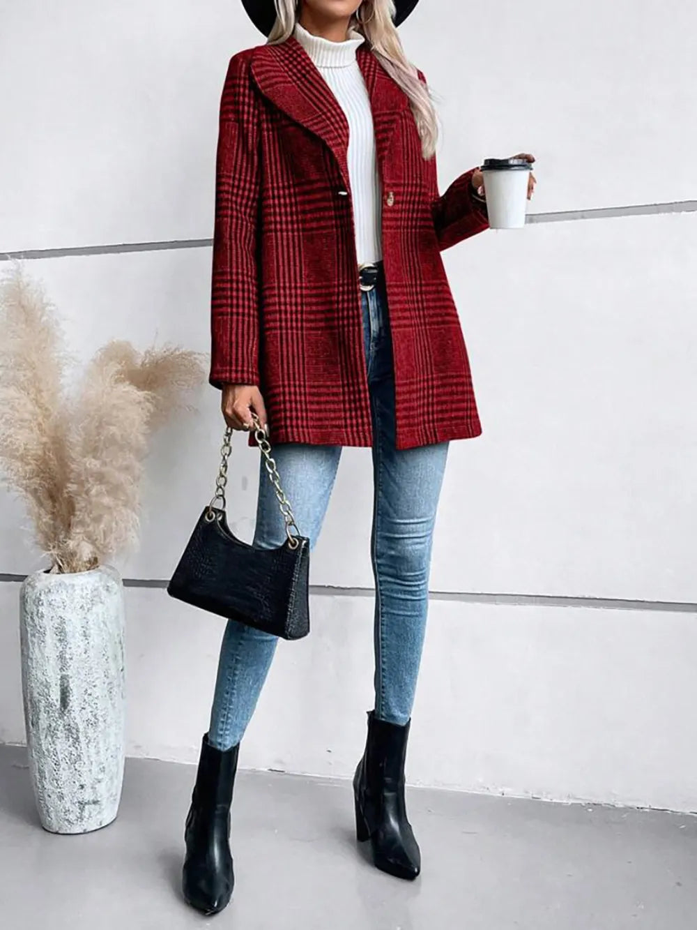 Collar woolen plaid coat with slim fit temperament
