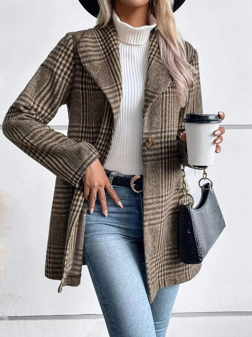Collar woolen plaid coat with slim fit temperament