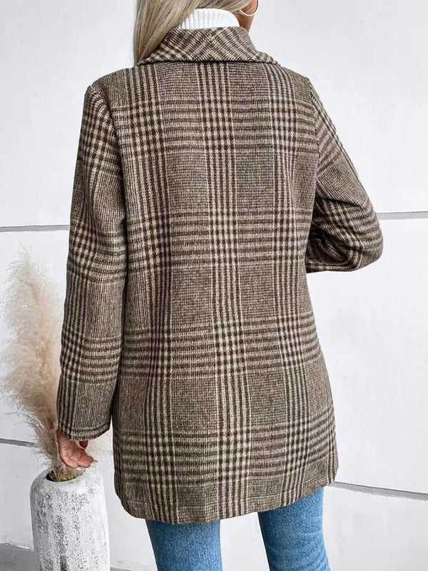 Collar woolen plaid coat with slim fit temperament
