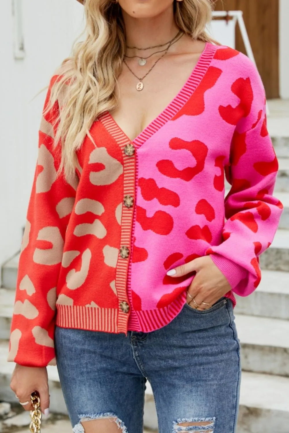 Color blocked leopard print V-neck single breasted cardigan sweater