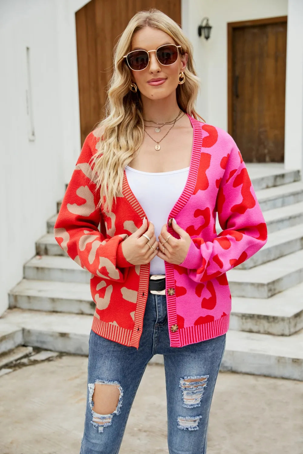 Color blocked leopard print V-neck single breasted cardigan sweater
