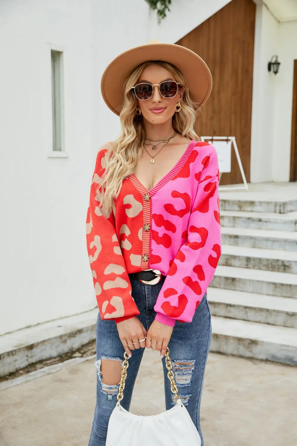 Color blocked leopard print V-neck single breasted cardigan sweater