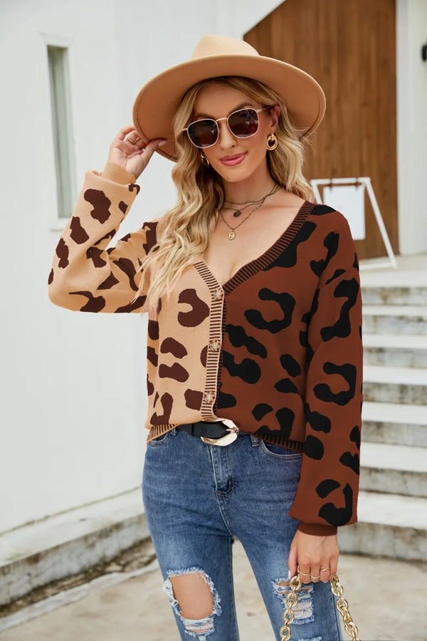 Color blocked leopard print V-neck single breasted cardigan sweater