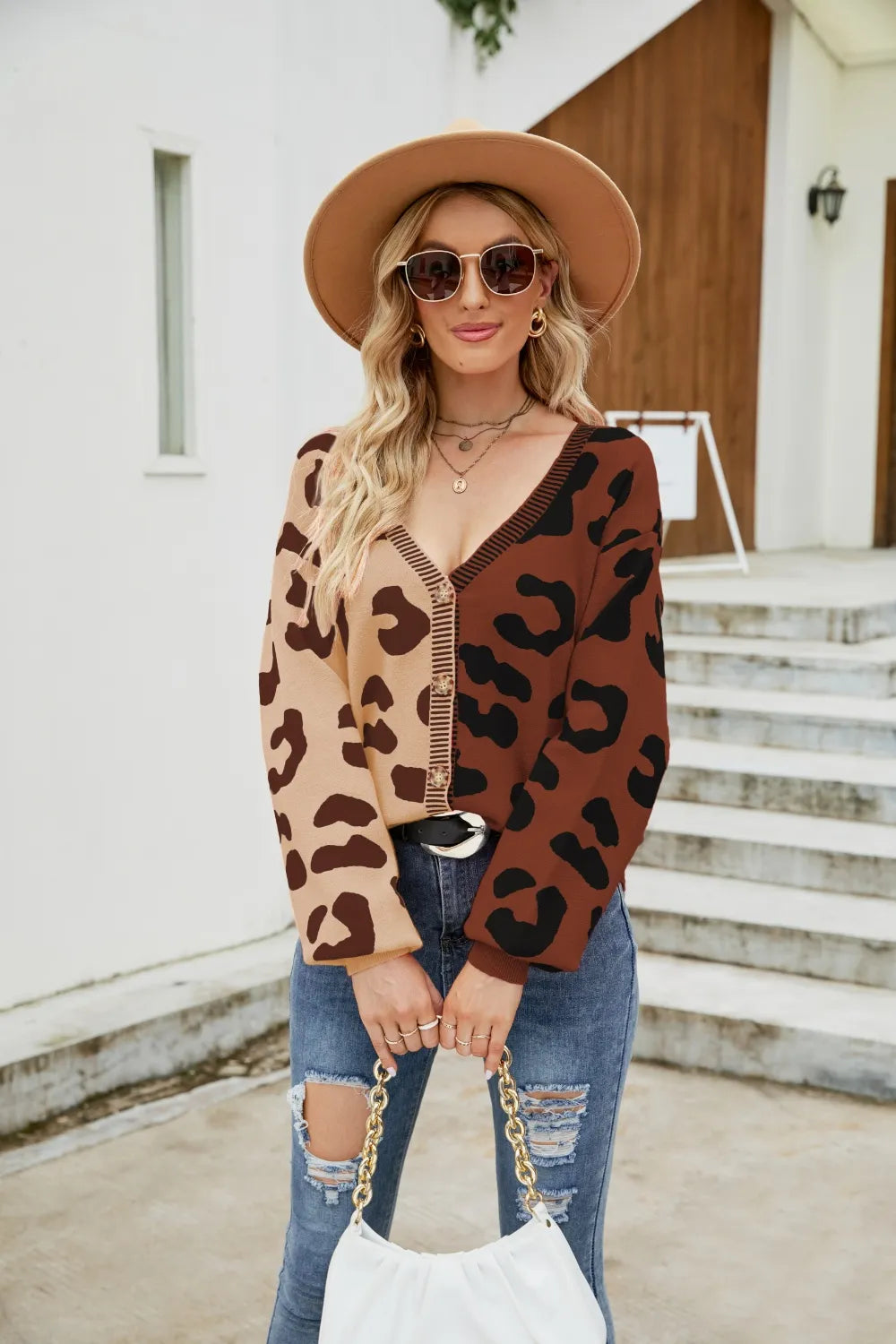 Color blocked leopard print V-neck single breasted cardigan sweater