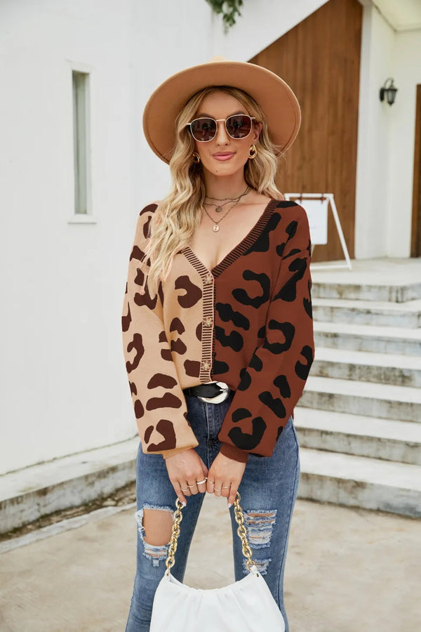 Color blocked leopard print V-neck single breasted cardigan sweater