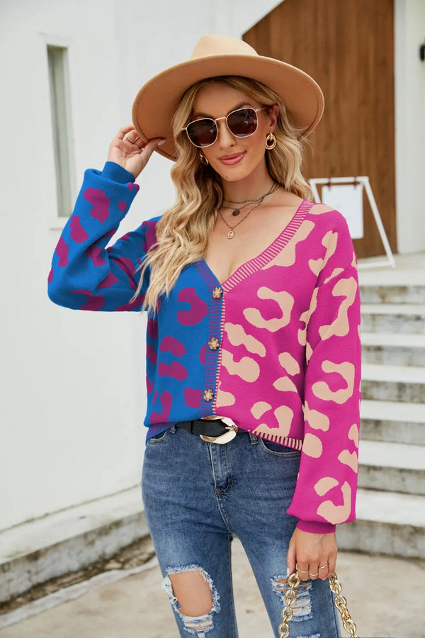 Color blocked leopard print V-neck single breasted cardigan sweater
