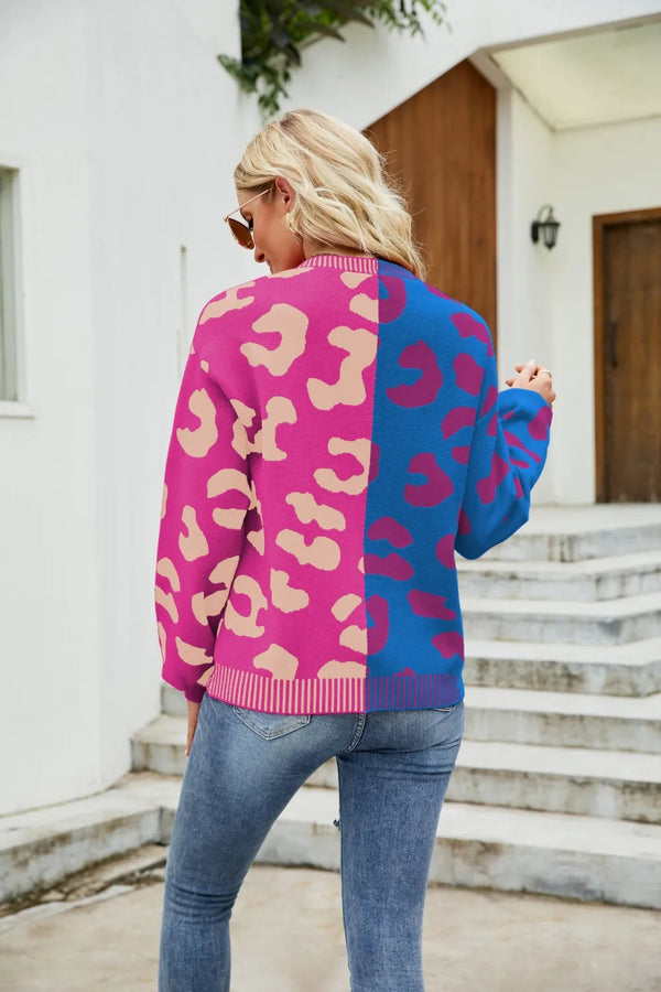 Color blocked leopard print V-neck single breasted cardigan sweater