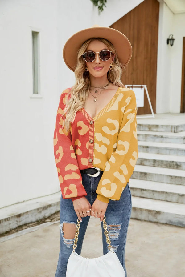 Color blocked leopard print V-neck single breasted cardigan sweater