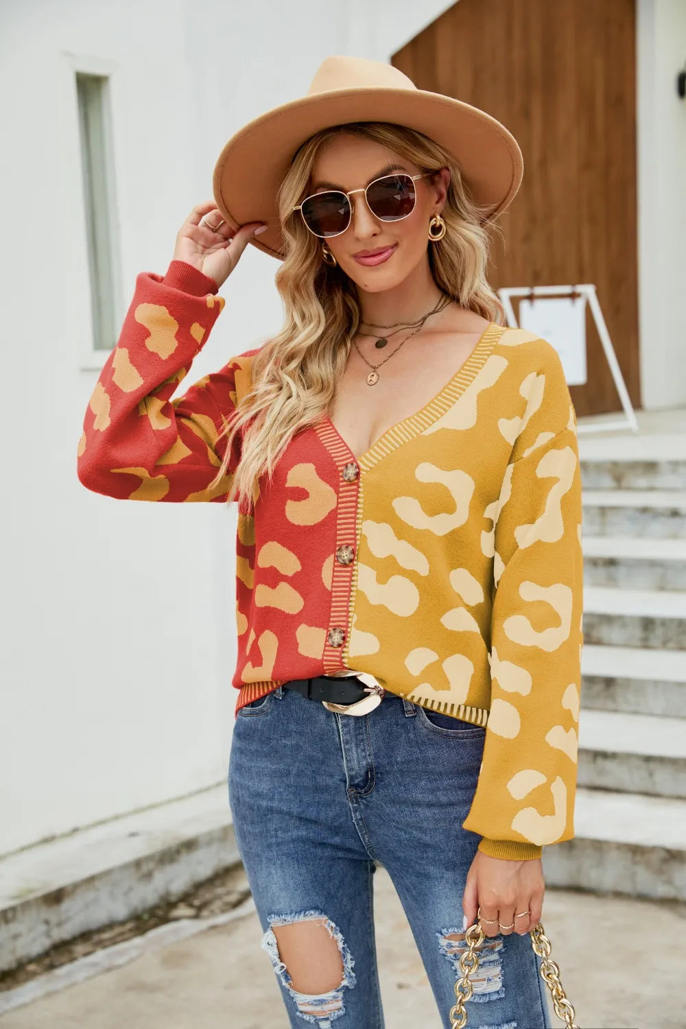 Color blocked leopard print V-neck single breasted cardigan sweater