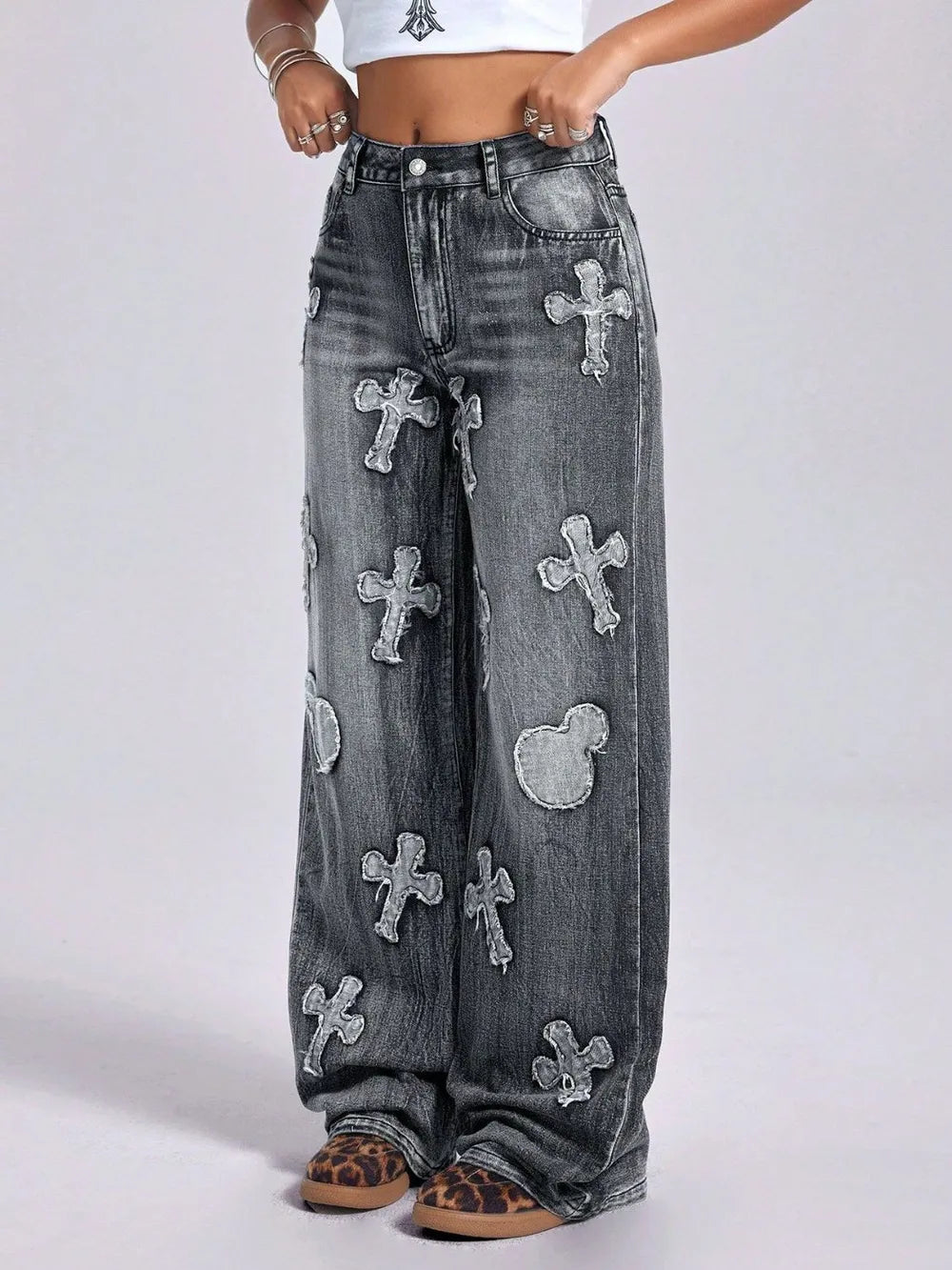 Cross Wide Leg Jeans with Pockets