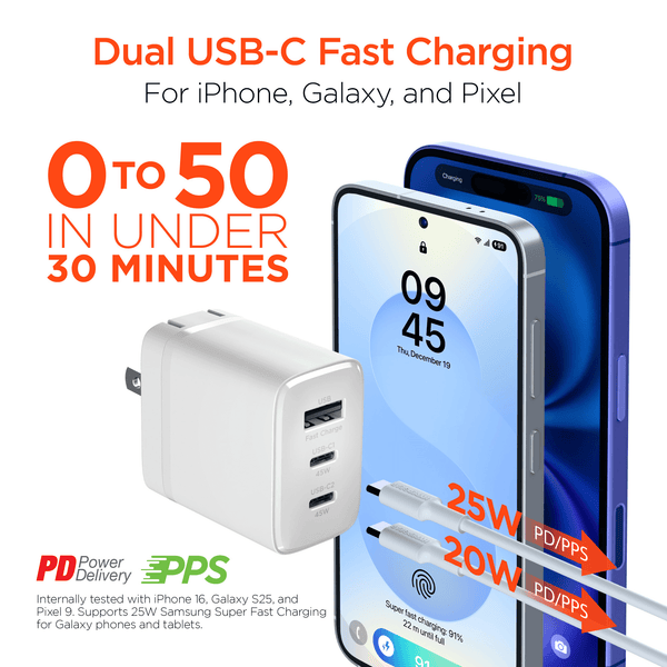 HyperGear SpeedBoost 45W USB-C PD Tri-Port GaN Fast Wall Charger with PPS