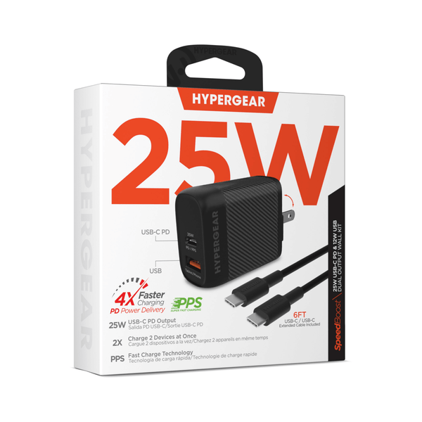 HyperGear SpeedBoost 25W USB-C PD + 12W USB Fast Wall Charger with PPS and 6ft USB-C Cable
