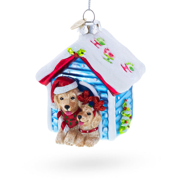 Christmas Dogs in Doghouse Glass Christmas Ornament