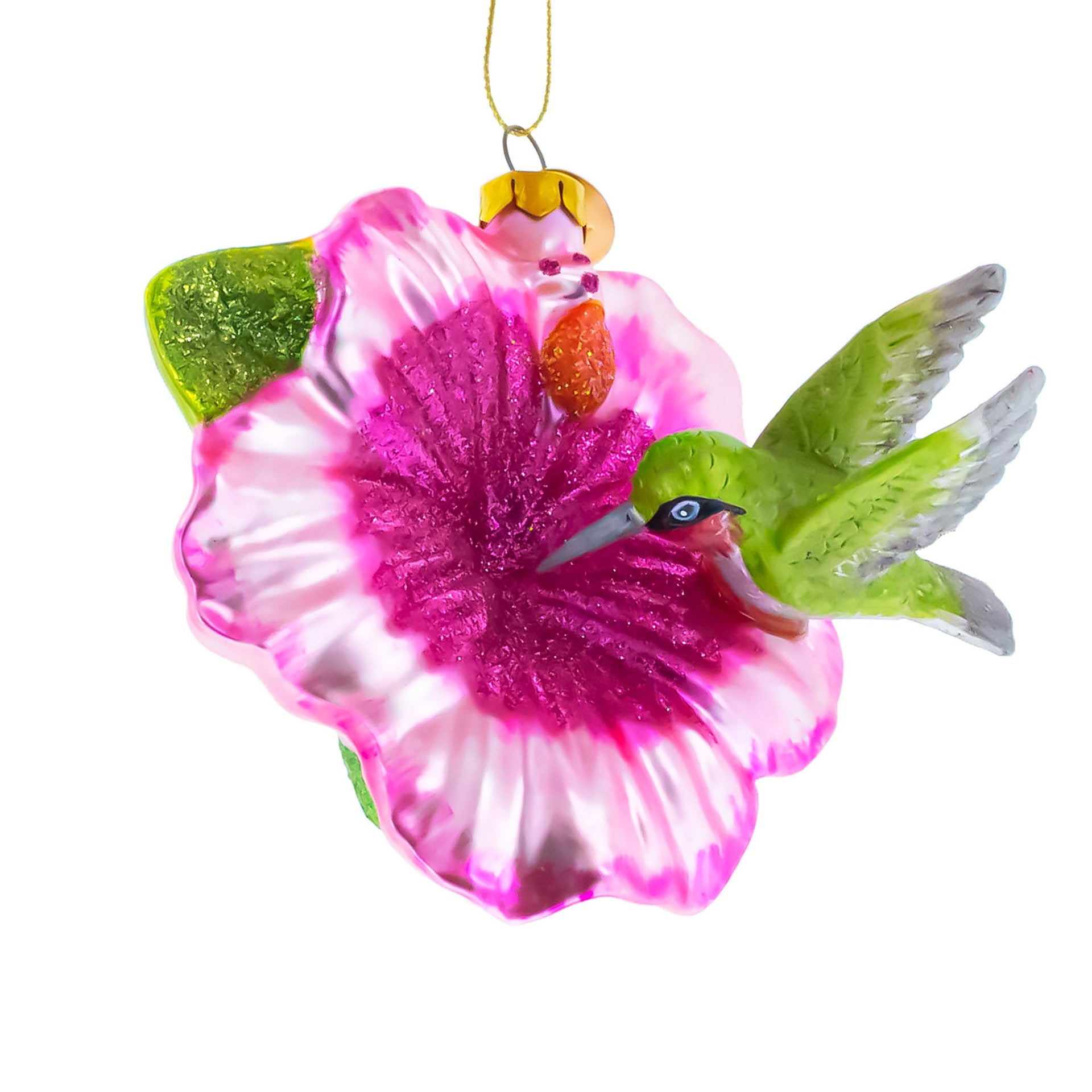 Hummingbird with Pink Hibiscus Glass Christmas Ornament