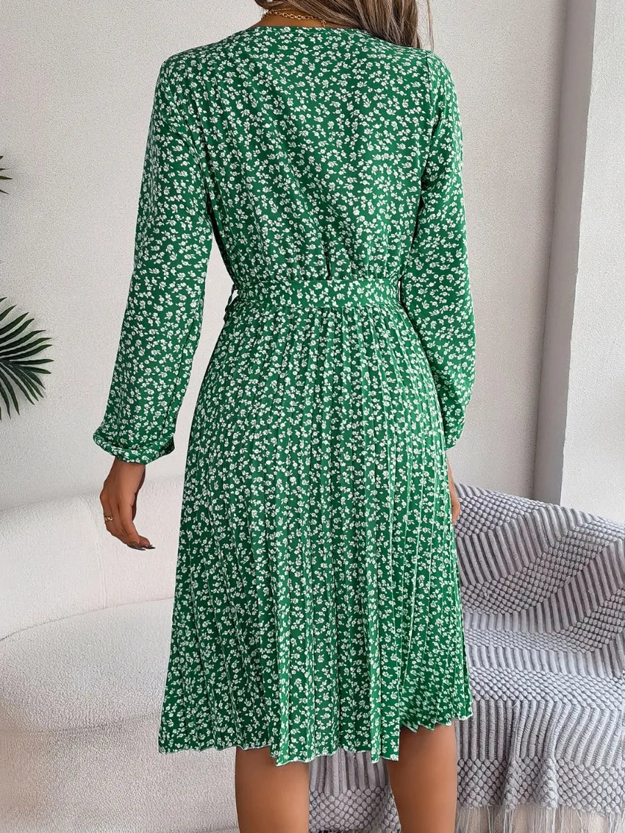 Ditsy Floral Tie Waist Pleated Dress