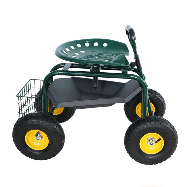Garden trolley Rolling work chair with wheels, garden stool for planting, 360 degree swivel seat, station wagon scooter with steering handle and utility tray, for yard and outdoors, (green)