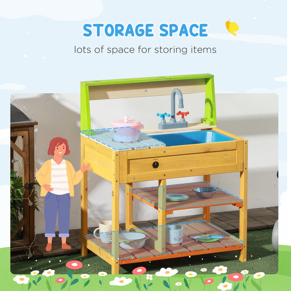 Outsunny Mud Kitchen Outdoor Kitchen Playset for Kids Wooden with Realistic Play Kitchen Toys, Faucet and Sink, Storage Shelves, Gift for Girls and Boys Aged 3-8 Years Old
