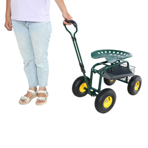 Garden trolley Rolling work chair with wheels, garden stool for planting, 360 degree swivel seat, station wagon scooter with steering handle and utility tray, for yard and outdoors, (green)