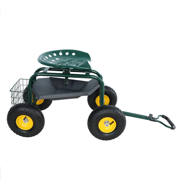 Garden trolley Rolling work chair with wheels, garden stool for planting, 360 degree swivel seat, station wagon scooter with steering handle and utility tray, for yard and outdoors, (green)